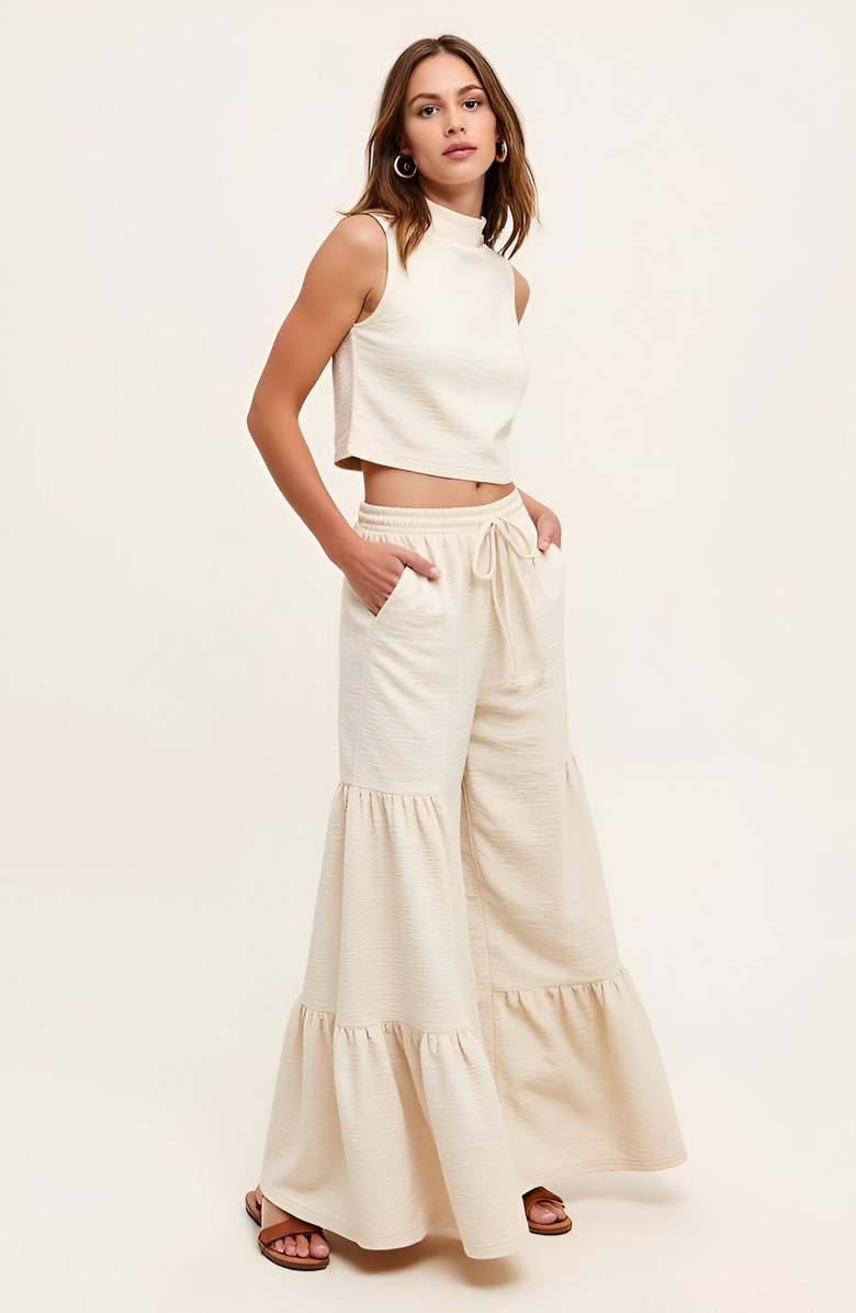 Modenaire Sleeveless Mock Neck Crop Top and Tiered Wide-Leg Pants Set, Alternate, color, Ivory