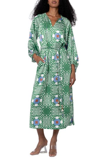 Ciebon Jardin Abstract Print Long Sleeve Satin Dress In Green Multi