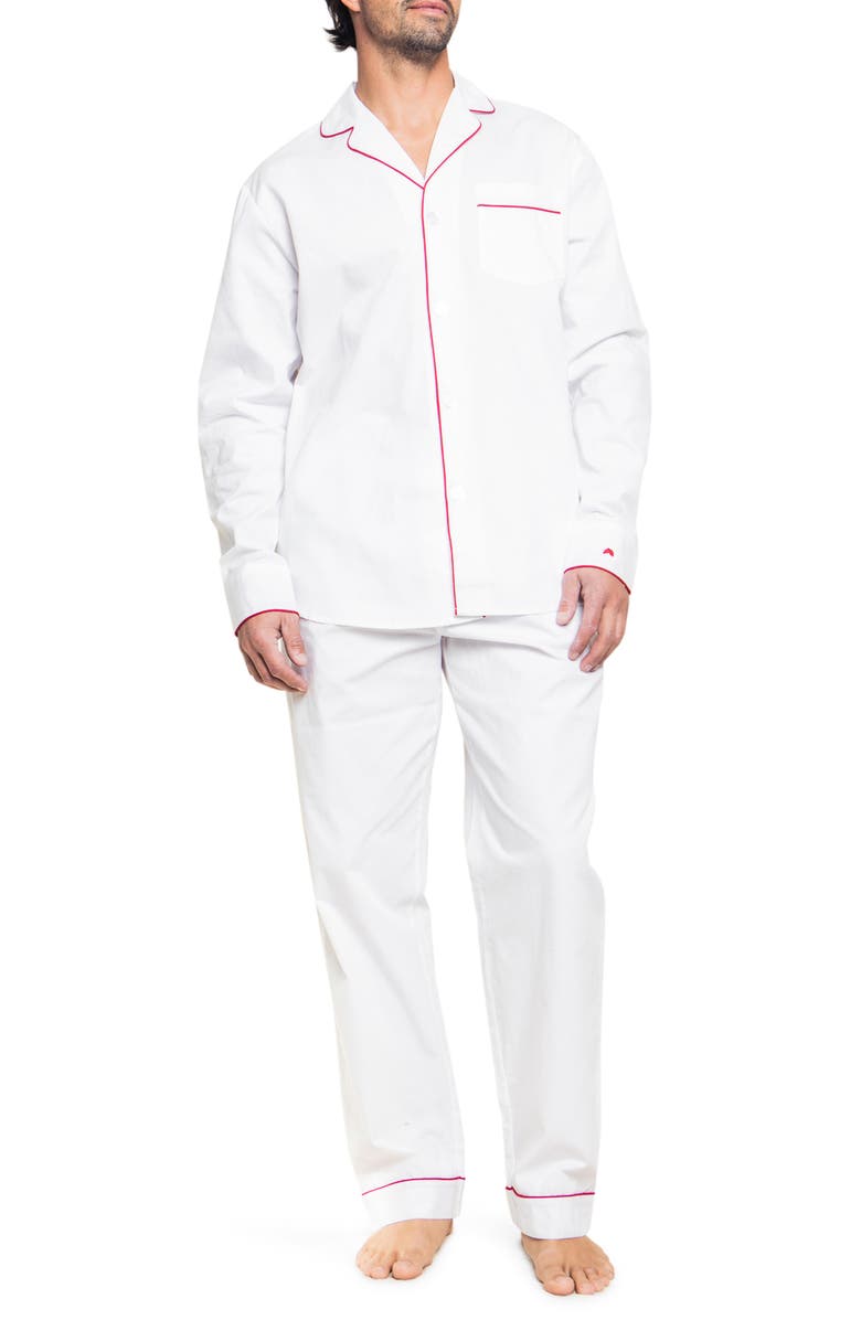 Petite Plume Contrast Piping Cotton Pajamas, Main, color, White