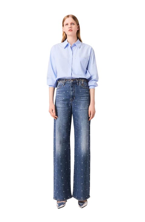 Wide-leg denim jeans with studs