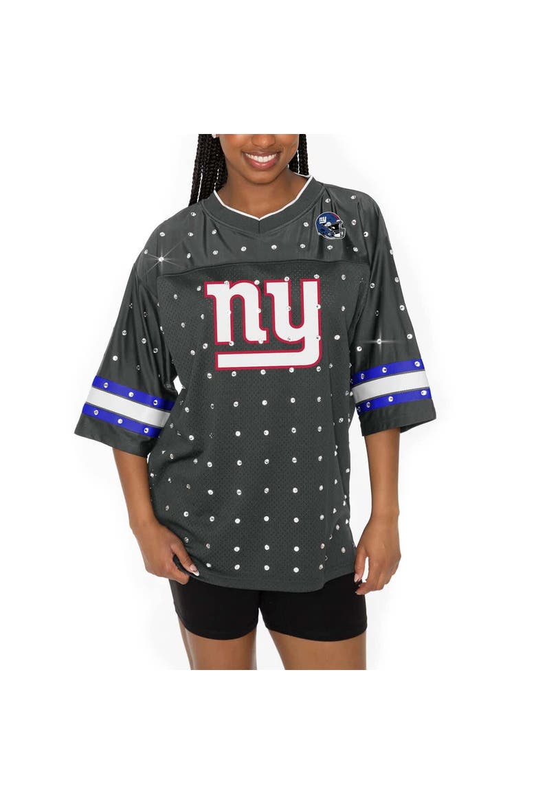 Women's Gameday Couture Anthracite New York Giants Kickoff Time Allover Rhinestone Sports Stripe Jersey V-Neck T-Shirt, Main, color, Anthracite