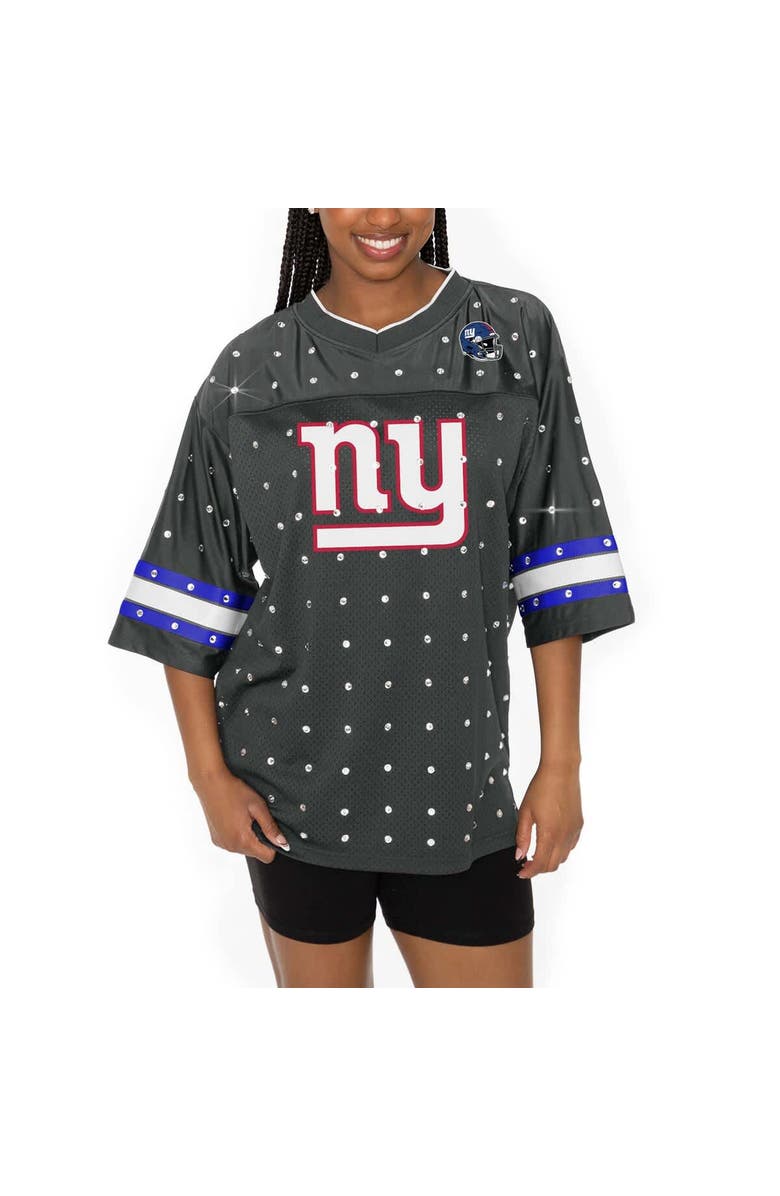 GAMEDAY COUTURE Women's Gameday Couture Anthracite New York Giants Kickoff Time Allover Rhinestone Sports Stripe Jersey V-Neck T-Shirt, Main, color, Anthracite