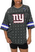 GAMEDAY COUTURE Women's Gameday Couture Anthracite New York Giants Kickoff Time Allover Rhinestone Sports Stripe Jersey V-Neck T-Shirt