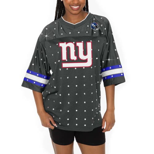 Gameday Couture Anthracite New York Giants Kickoff Time Allover Rhinestone Sports Stripe Jersey V-ne In Black