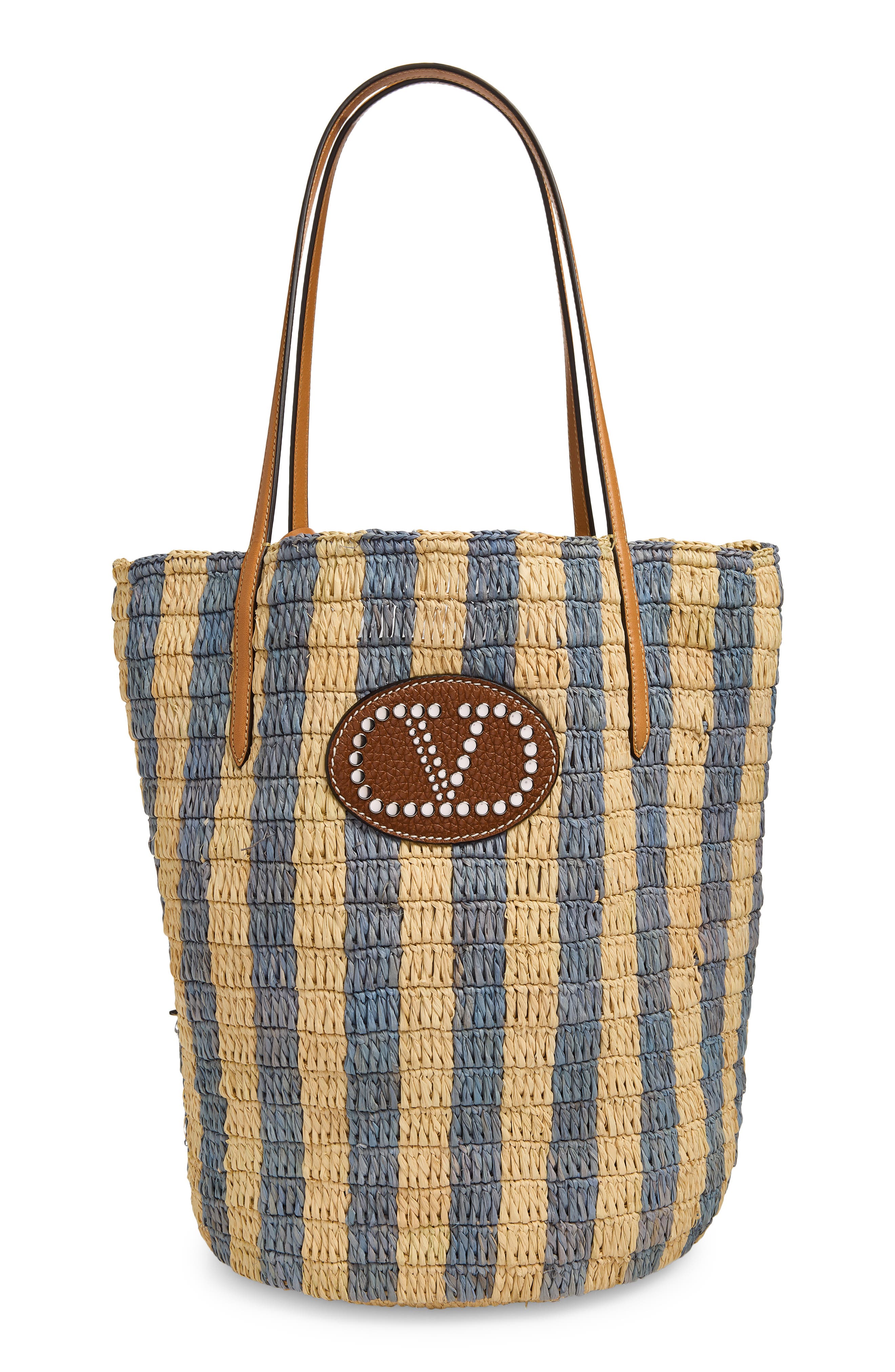 Valentino Garavani VLOGO Signature Crochet Raffia Tote, Main, color, Natural/ Blue