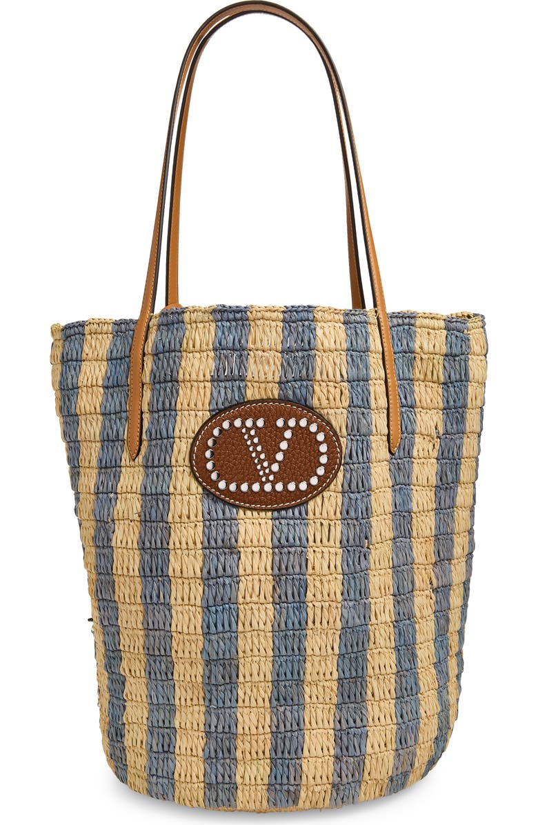 Valentino Garavani VLOGO Signature Crochet Raffia Tote, Main, color, Natural/ Blue