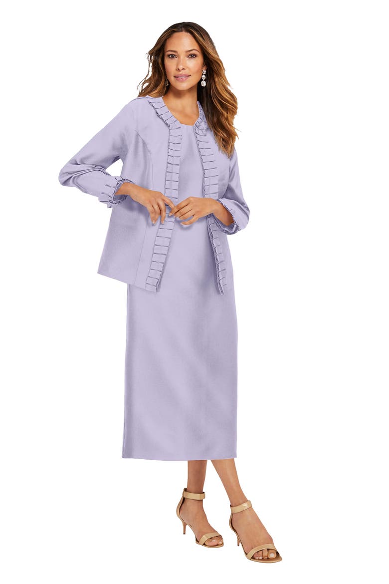 Plus Size Long Sleeve Pleated Jacket Dress Set Elegant 2 Piece Sheath Suit, Main, color, PRETTY LAVENDER