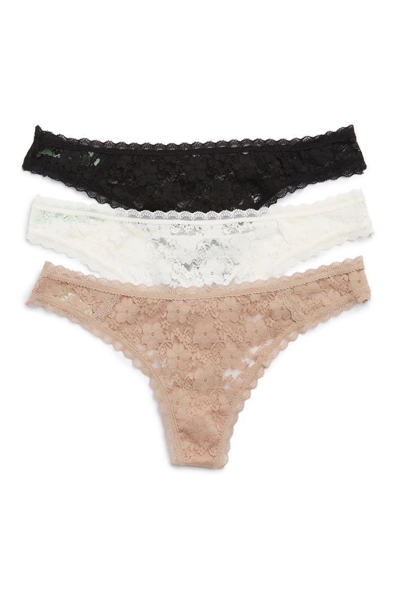 Lady In Lace 3-Pack Low Rise Thongs, Main, color, SUNTAN/IVORY/BLACK