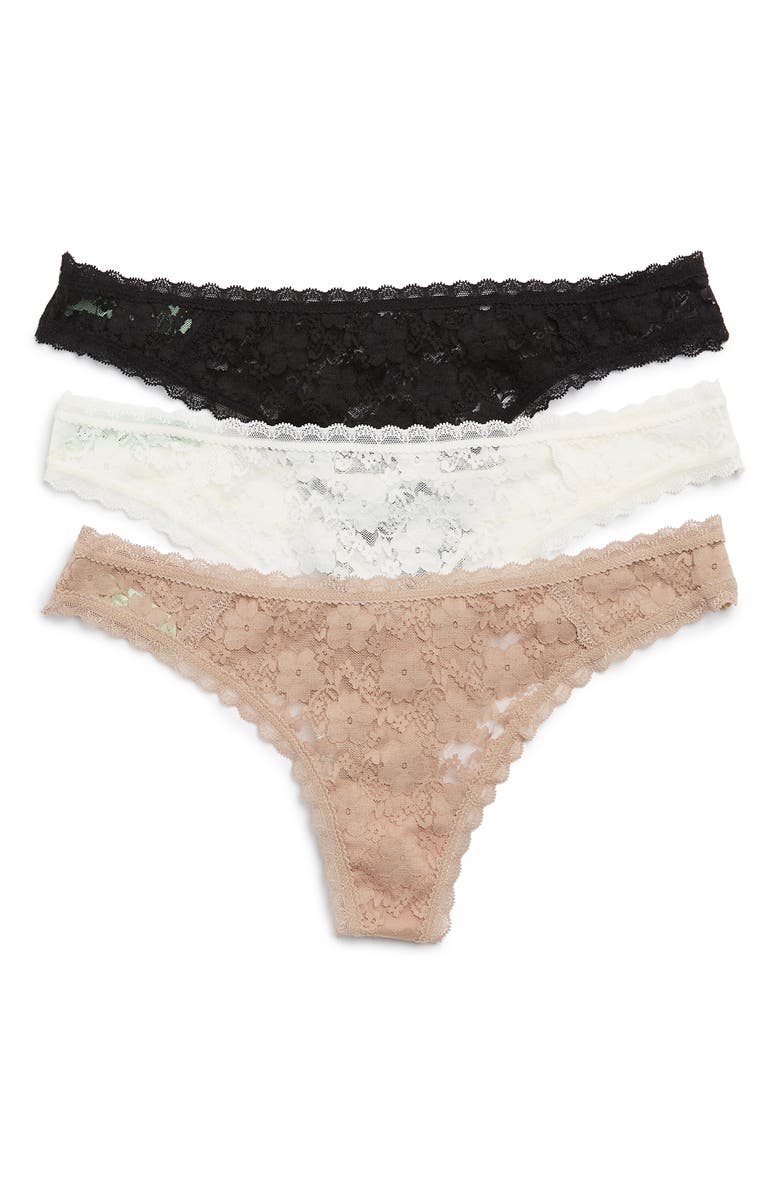 Honeydew Lady In Lace 3-Pack Low Rise Thongs, Main, color, Suntan/Ivory/Black