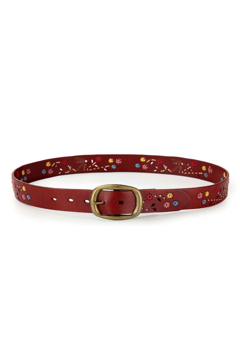 Blossom Hand Stitched Genuine Leather Belt, Alternate, color, Cognac