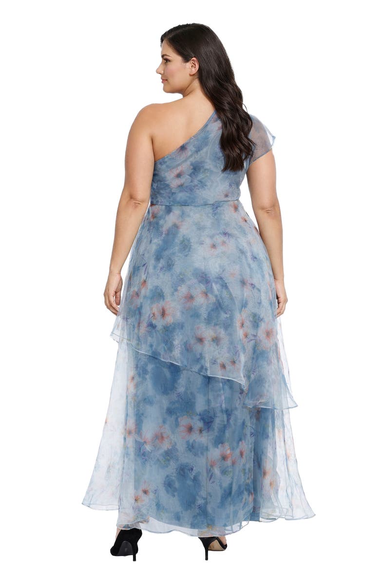 Oleg Cassini One-Shoulder Floral Organza Gown, Alternate, color, Blue Multi