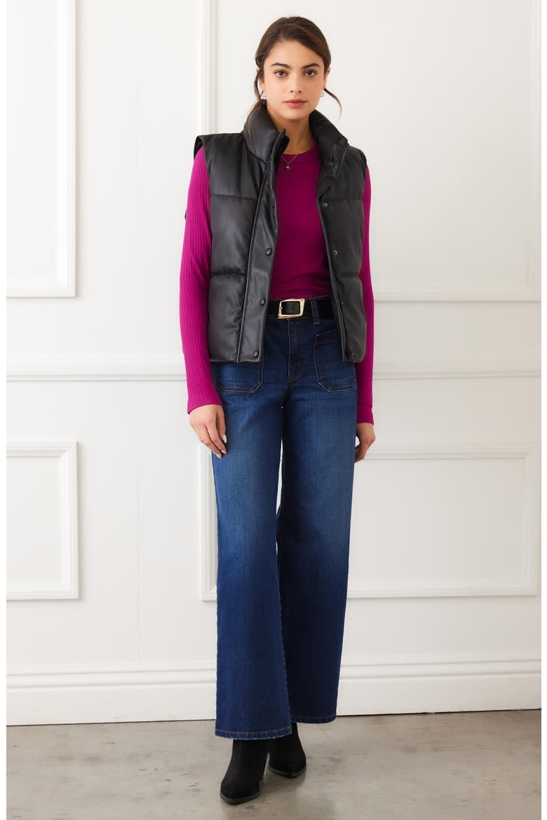 Quilted Faux Leather Puffer Vest, Alternate, color, BLACK