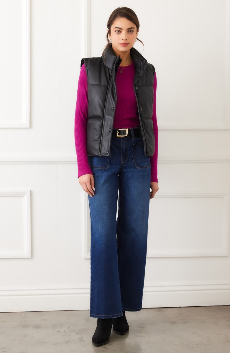 Karen Kane Quilted Faux Leather Puffer Vest, Alternate, color, Black