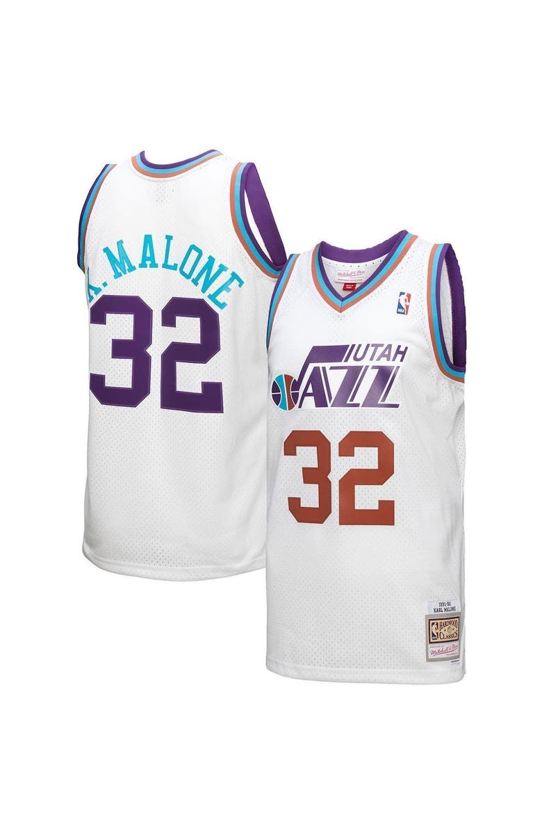 Mitchell & Ness Men's Mitchell & Ness Karl Malone White Utah Jazz 1991/92 Hardwood Classics Reload 3.0 Swingman Jersey, Main, color,