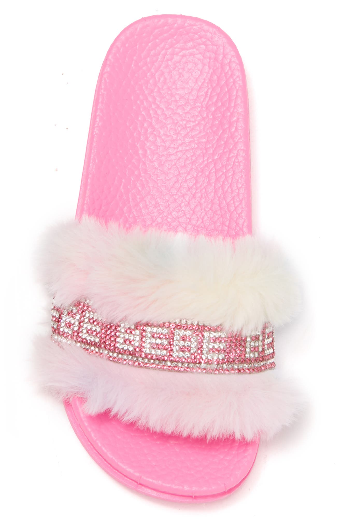 Rhinestone Logo Faux Fur Slide Sandal, Alternate, color, PINK MULTI