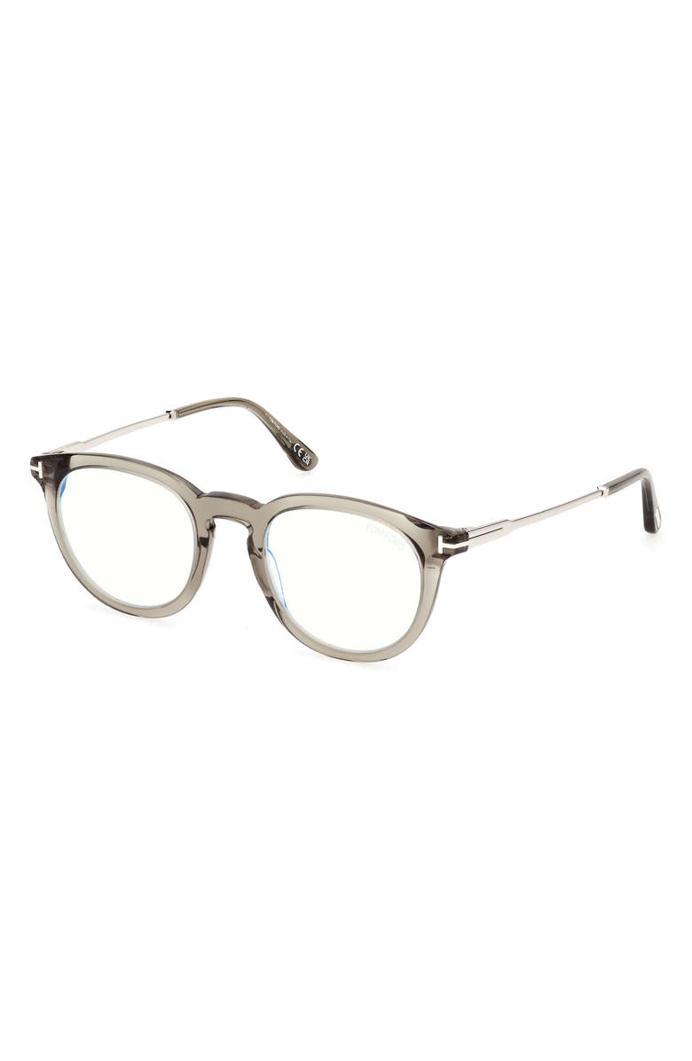 TOM FORD 49mm Round Blue Light Blocking Optical Glasses, Alternate, color, Olive / Palladium / T Logo