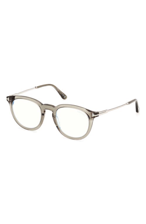Tom Ford 49mm Round Blue Light Blocking Optical Glasses In Olive/palladium/t Logo