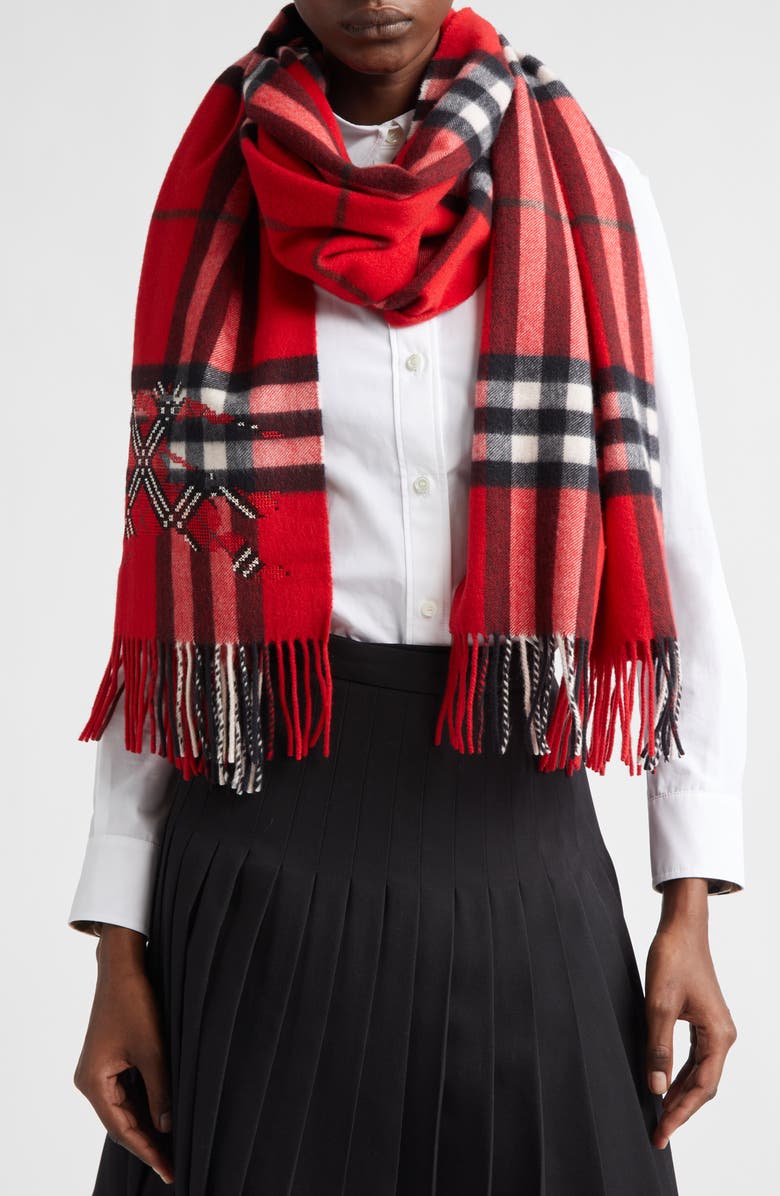 Burberry Wide Cross Stitch EKD Check Cashmere Scarf, Alternate, color, Post Red