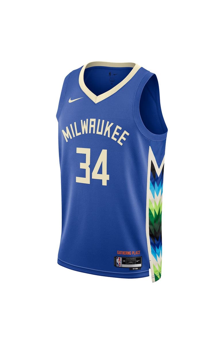 Nike Unisex Nike Giannis Antetokounmpo Royal Milwaukee Bucks 2022/23 Swingman Jersey - City Edition, Alternate, color, 