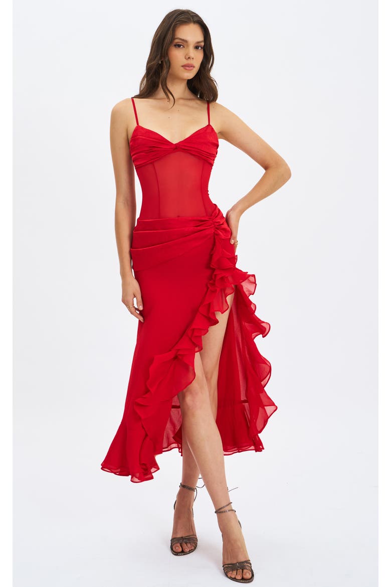 Dahlina Ruched Waist High Slit Maxi Dress, Main, color, Red