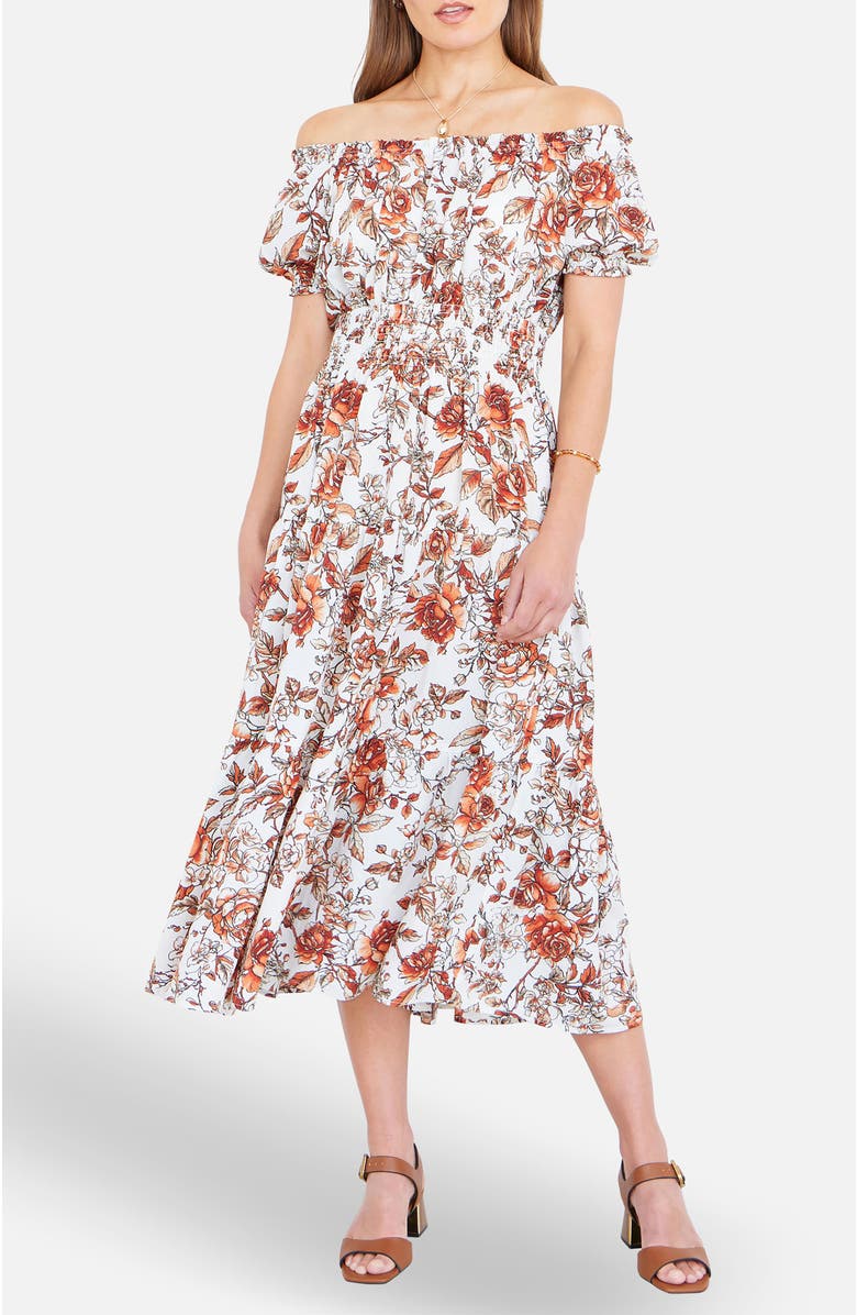 Yumi Floral Ruched Waist Midi Dress, Alternate, color, Orange