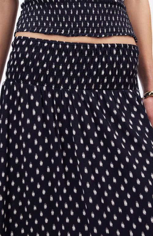 Shop Madewell Shibori Dot Smocked Midi Skirt In Shibori Dot With Pink