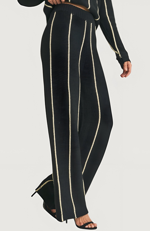 Modenaire Wide Leg Knit Pants With Contrasting Vertical Stripe And Ribbed Waistband In Black