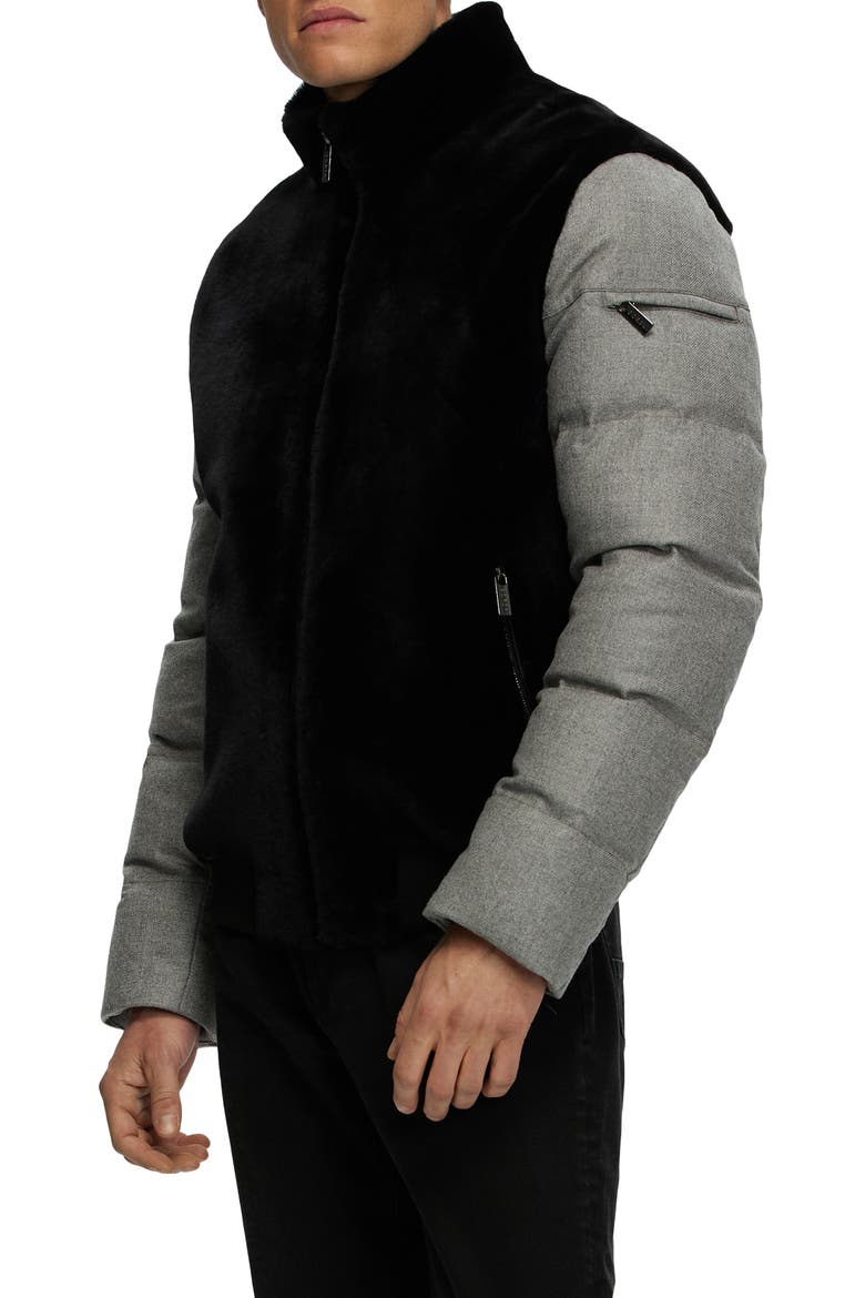 Mens Genuine Shearling Bomber Jacket with  Wool & Cashmere Quilted Down Sleeves And Back, Alternate, color, BLACK/GRAY