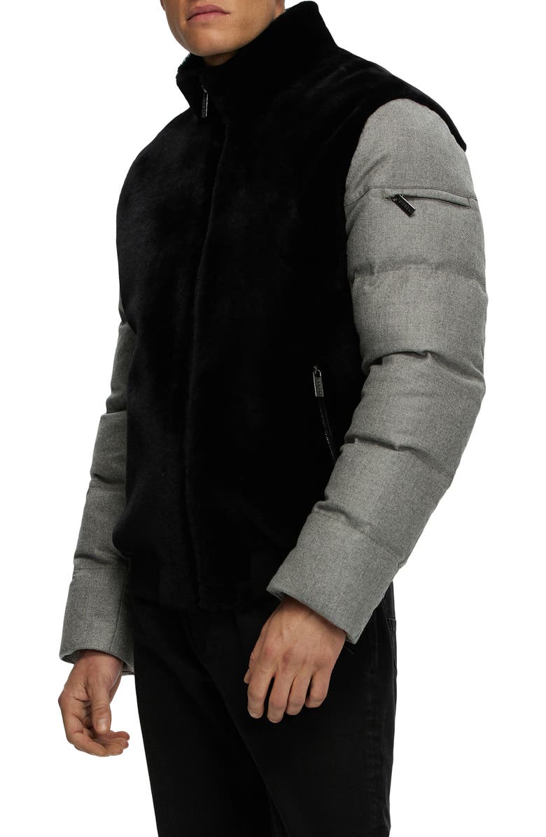 GORSKI Mens Genuine Shearling Bomber Jacket with  Wool & Cashmere Quilted Down Sleeves And Back, Alternate, color, Black/Gray