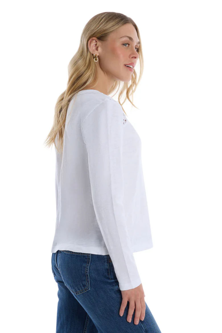 V-Neck Long Sleeve Mixed Media Tee with Lace Inset, Alternate, color, White