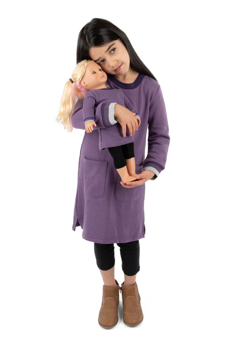 Girls Sweatshirt Dress with Matching Doll Dress, Alternate, color, PURPLE