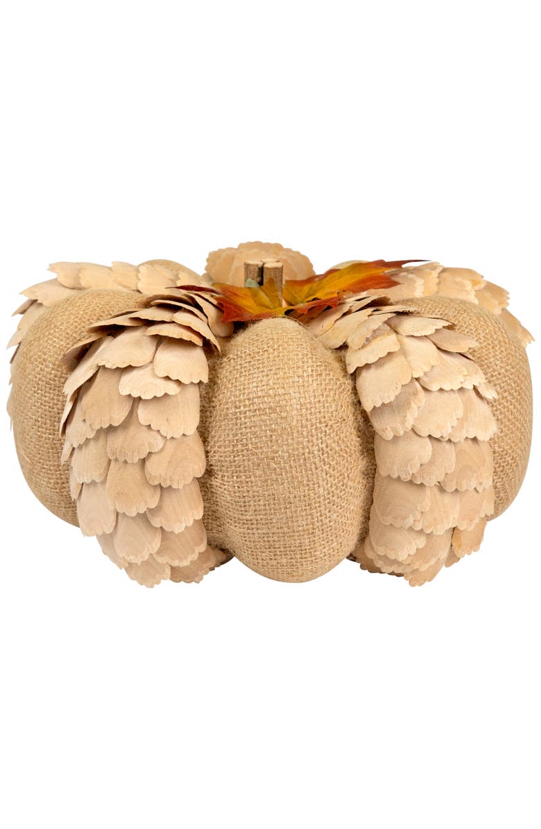 Northlight Burlap and Wooden Petals Pumpkin Fall Harvest Decoration - 10" - Beige, Main, color, Beige