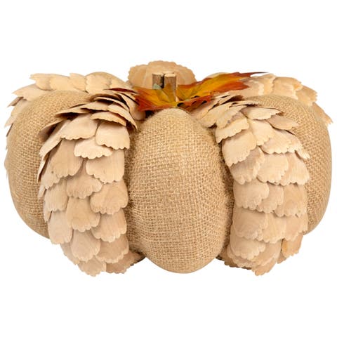 Burlap and Wooden Petals Pumpkin Fall Harvest Decoration - 10" - Beige