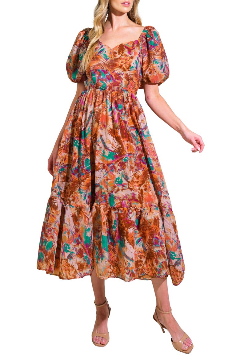 Puff Sleeve Tiered Midi Dress, Main, color, BROWN TURQUOISE