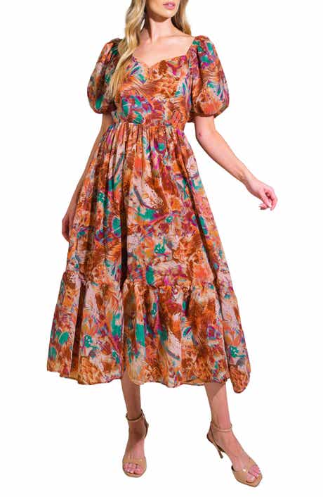 Puff Sleeve Tiered Midi Dress