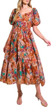 FLYING TOMATO Puff Sleeve Tiered Midi Dress