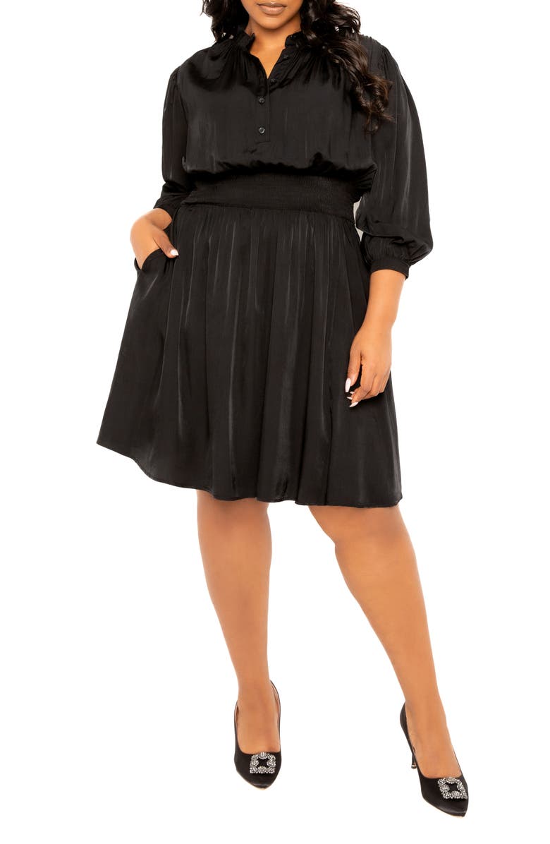 BUXOM COUTURE Smocked Long Sleeve Satin Dress, Main, color, Black