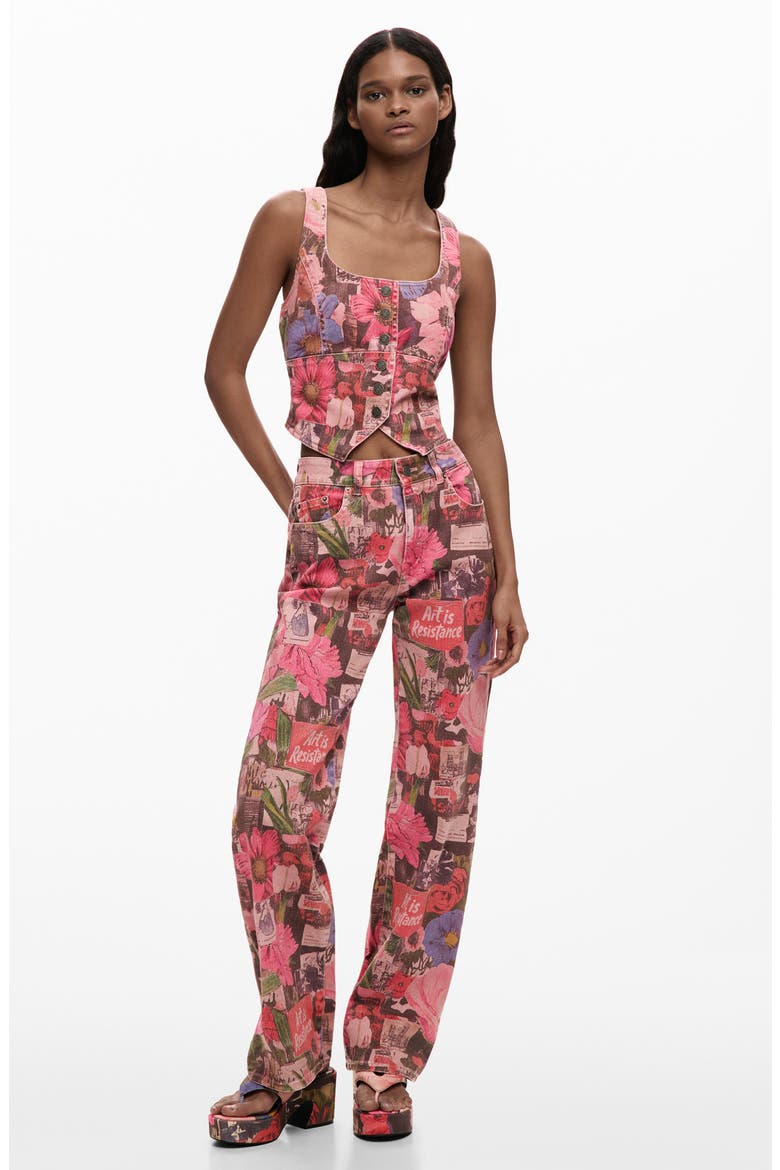 Patchwork Print Straight Leg Jeans, Alternate, color, PINK