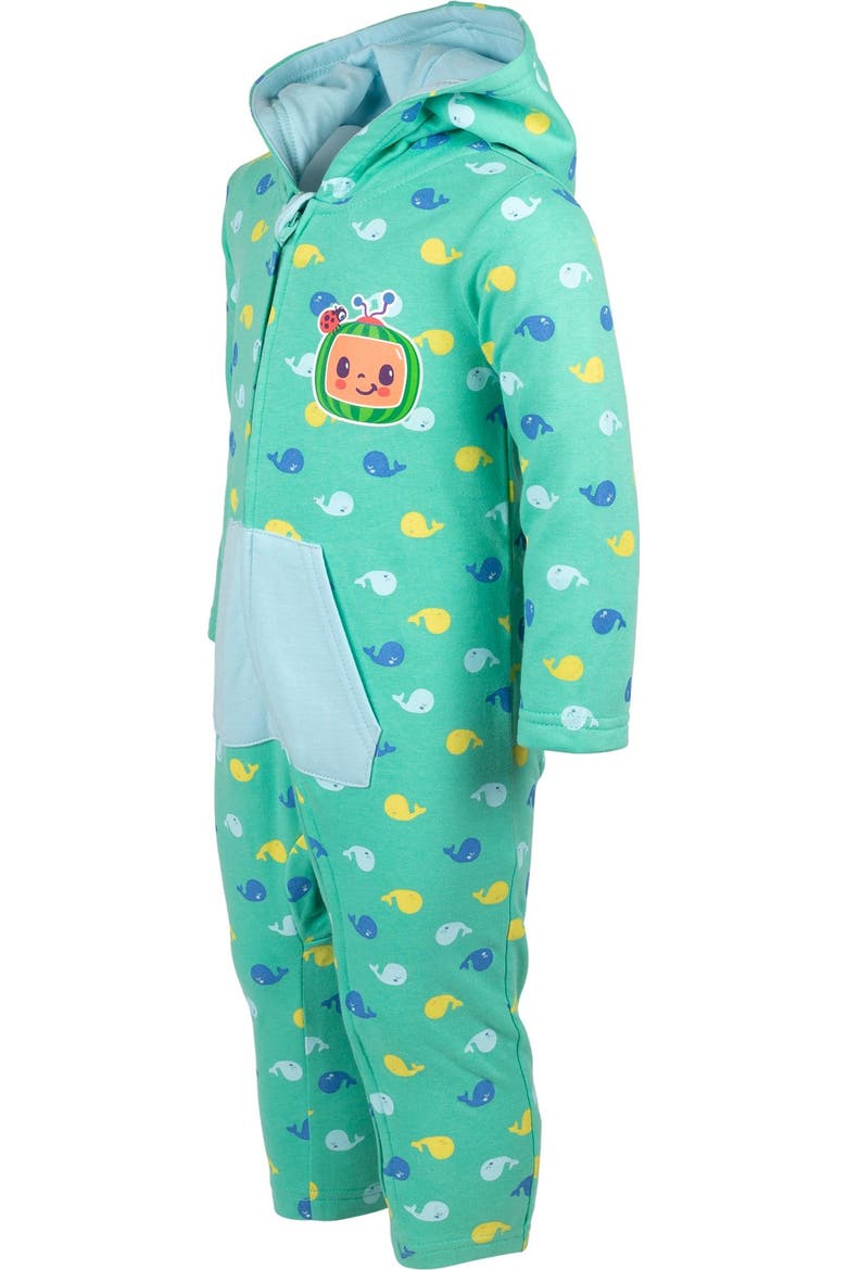 Fleece Hooded One-Piece Outfit, Alternate, color, Teal Whale Print