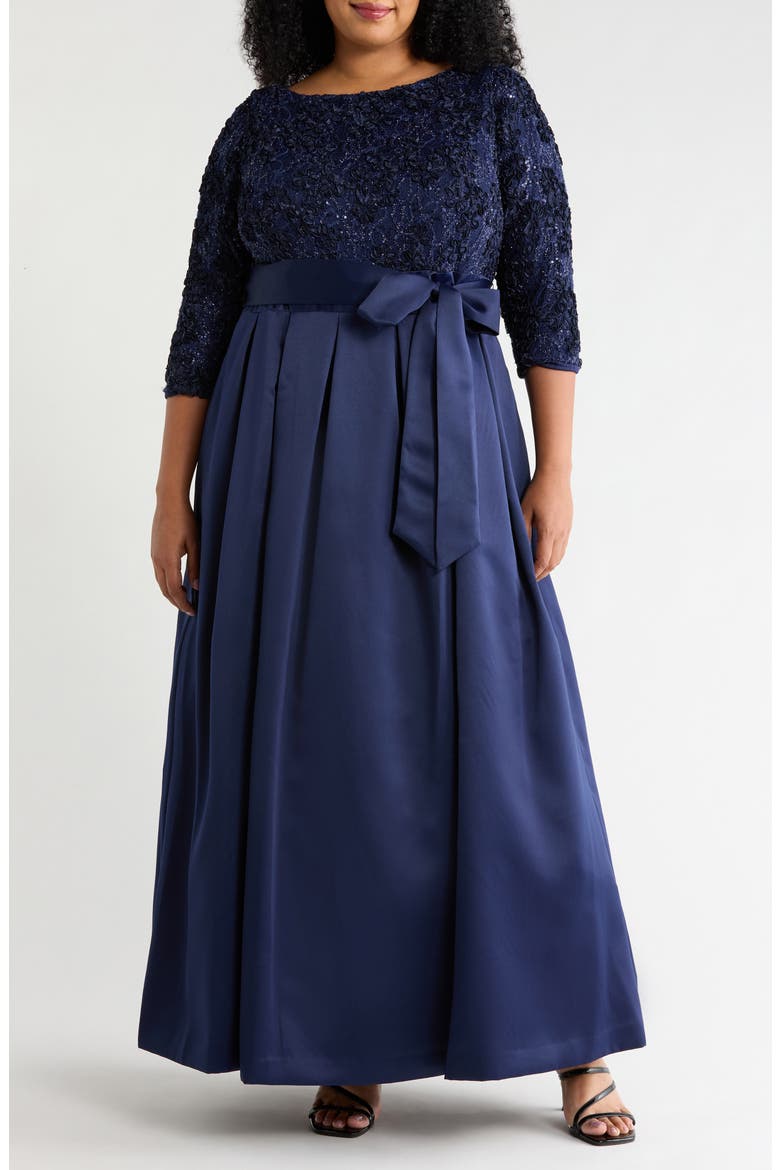 Floral Embroidered Gown, Main, color, NAVY