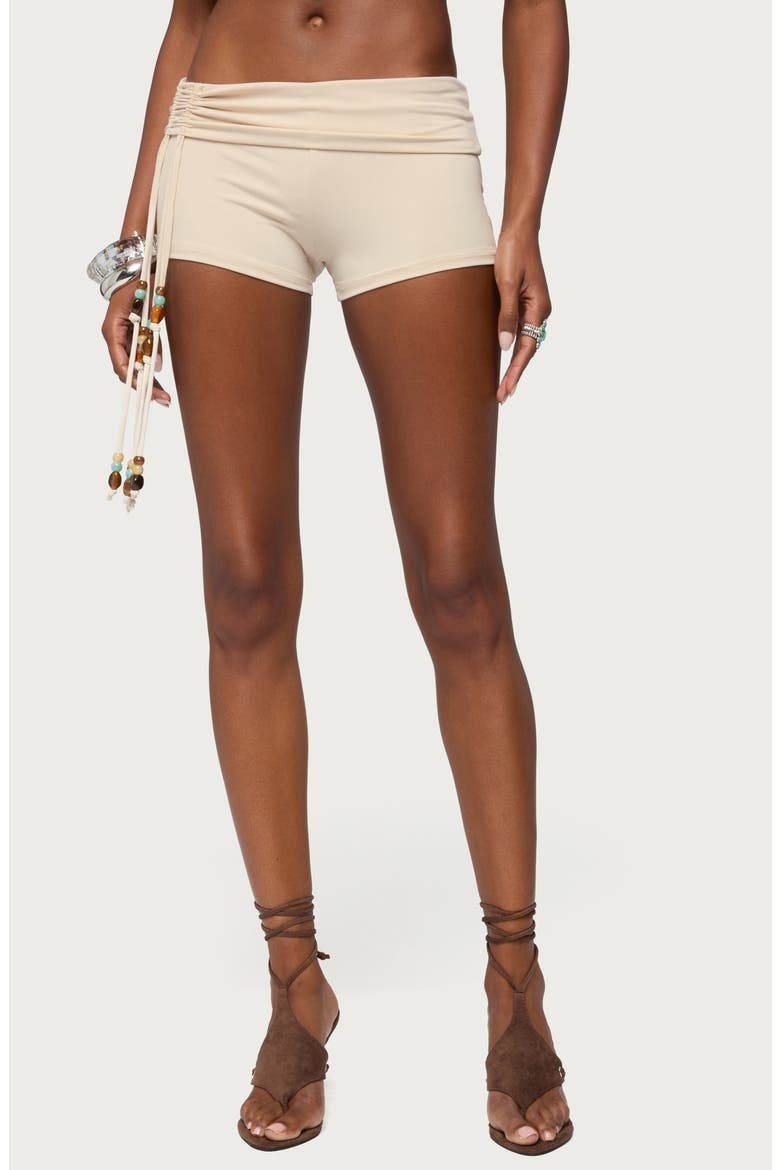 Thia Ruched Beaded Foldover Shorts, Main, color, BEIGE