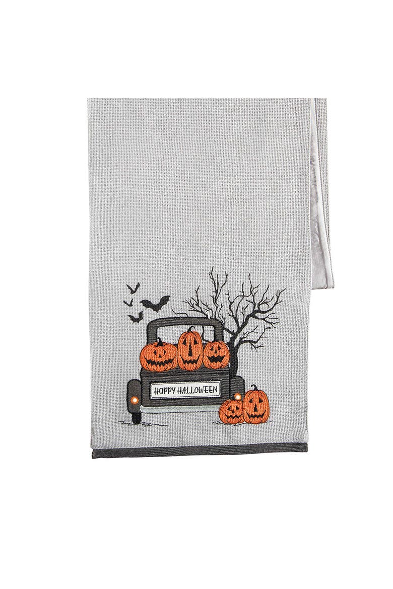 Bats & Jack-O-Lantern Pumpkins "Happy Halloween" Cotton Table Runner 13" x 72", Alternate, color, Gray