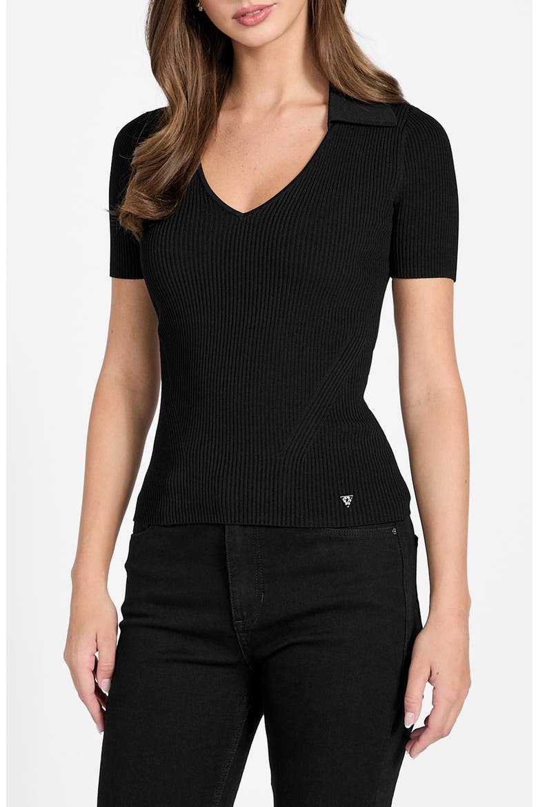 Stella Rib Polo Sweater, Main, color, BLACK