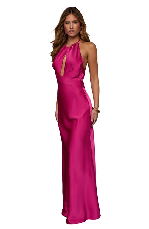 Vici Collection Adelynn Halter Neck Satin Gown In Magenta