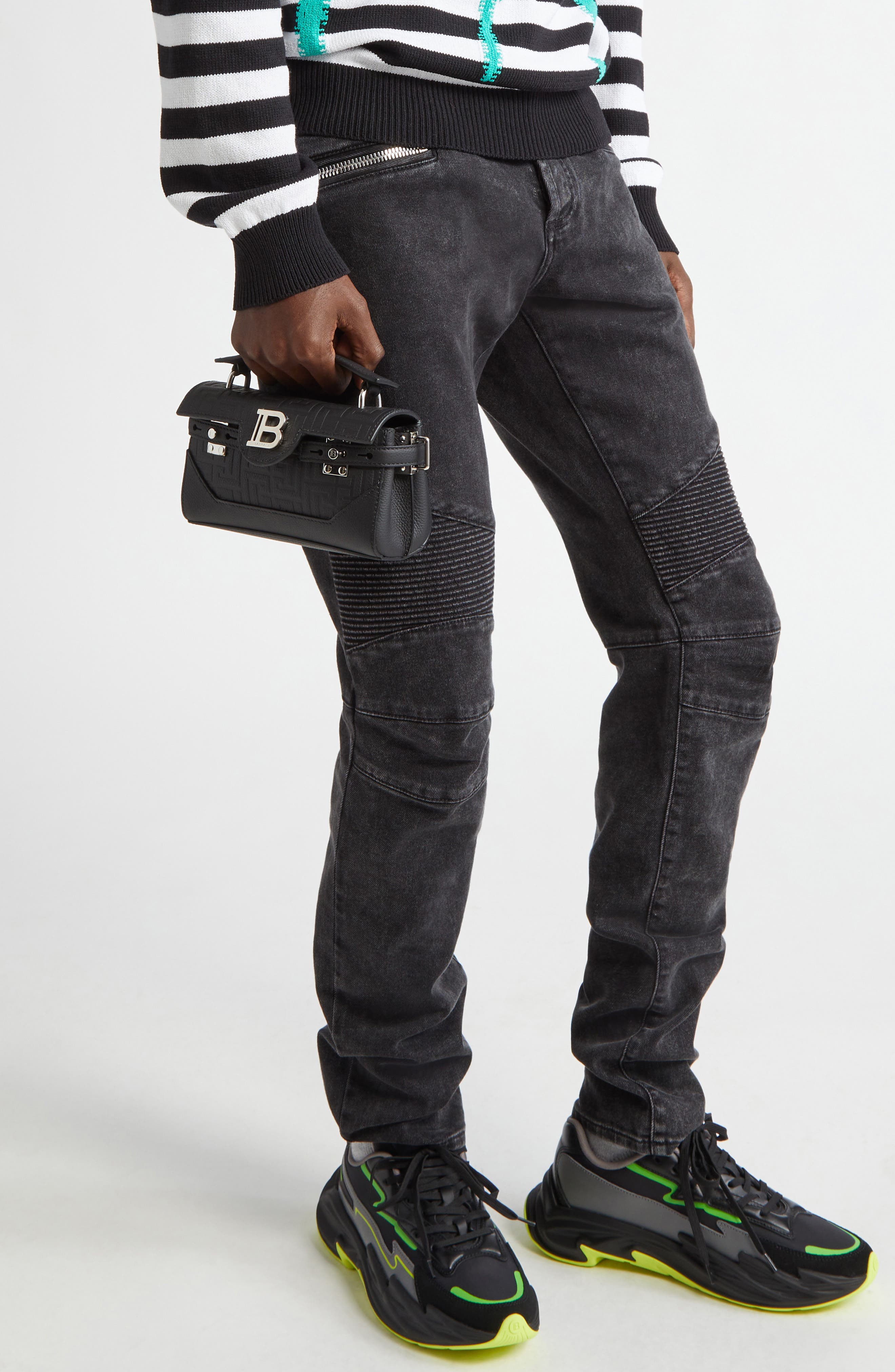 Balmain B-Buzz 19 Monogram Leather Handbag, Alternate, color, 