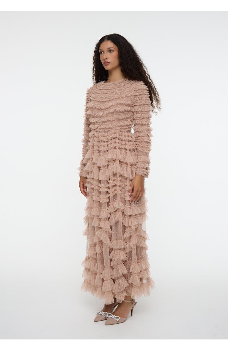 MARYISA Modest Ruffle Dress Maxi With Self Print, Alternate, color, Taupe Blush