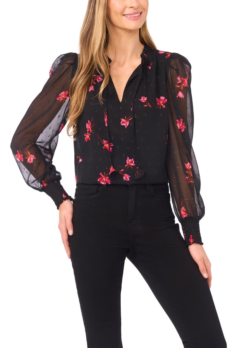 Floral Metallic Split Neck Top, Main, color, RICH BLACK