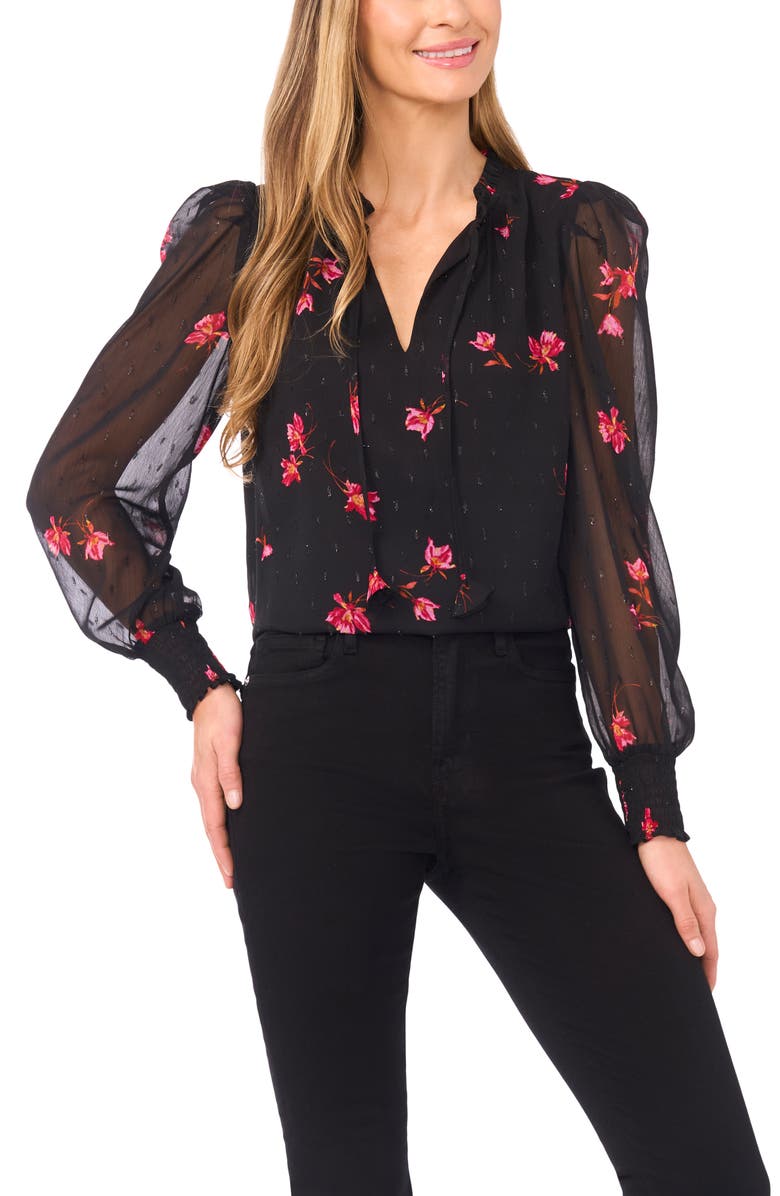 CeCe Floral Metallic Split Neck Top, Main, color, Rich Black
