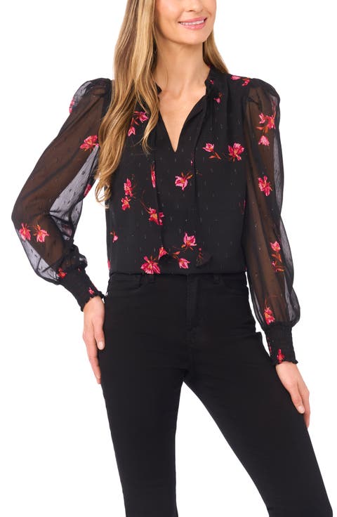 Floral Metallic Split Neck Top