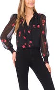 CeCe Floral Metallic Split Neck Top